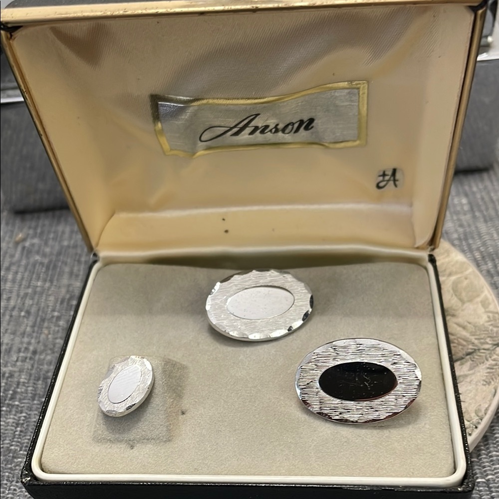 Anson Silver Cufflinks and Tie Clip Set Vintage in original box